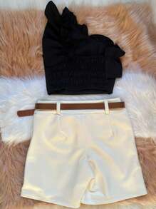 SET 2 PIECES CCROPPED ONLY SHOULDER AND SHORT TAILORED SKIRT WITH BELT SUMMER 2025 LAUNCH - 黑色 - 查看 2