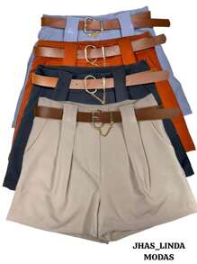 Short Plus Size Social Tailoring With Elegant Belt High Waist - Grey - View 4