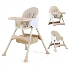 1pc Baby High Chair, Non-Adjustable Children's Table And Chair Set, Two-Layer Dining Chair, Dual-Use High & Low Chair, Detachable Toddler Feeding Chair, Home Use - Khaki - View 10