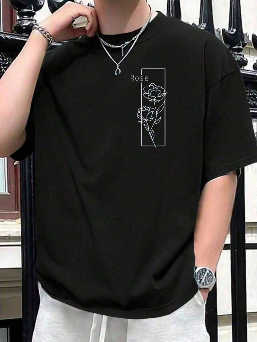 Men's T-Shirt White Rose Flower 100% Cotton Shirt - màu đen - Xem 1