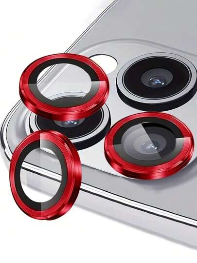 3 paquetes para iPhone 17/16/16e/15/14/13/12/11 Pro Max Funda de lente de cámara de aleación de aluminio - Película de vidrio templado con anillo adhesivo súper resistente, a prueba de caídas, película protectora de lente de cámara, rojo