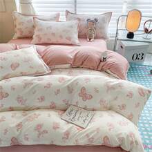 4 piezas Juego de funda de edredón de poliéster con diseño de dibujos animados lindos, diseño romántico de mariposa rosa, 1*Funda de edredón + 1*Sábana plana + 2*Fundas de almohada (sin relleno), suave y cómoda para dormitorio y habitación de huéspedes