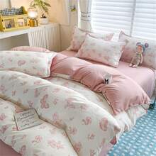 4 piezas Juego de funda de edredón de poliéster con diseño de dibujos animados lindos, diseño romántico de mariposa rosa, 1*Funda de edredón + 1*Sábana plana + 2*Fundas de almohada (sin relleno), suave y cómoda para dormitorio y habitación de huéspedes