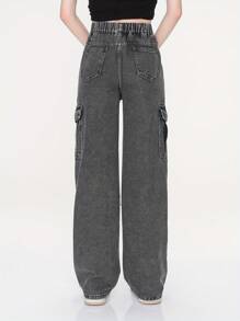 Teen Girl Casual Straight Leg Wide Loose Pants Teenagers Loose Cargo Pants With Multiple Pockets - Black - View 2