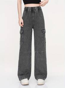 Teen Girl Casual Straight Leg Wide Loose Pants Teenagers Loose Cargo Pants With Multiple Pockets - Black - View 4