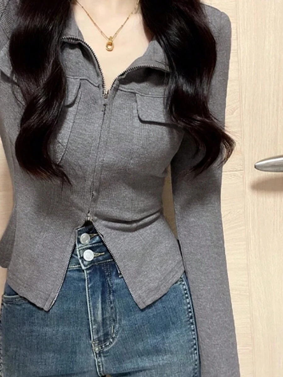 时尚女式短款修身长袖打底上衣 - 灰色 - 查看 1