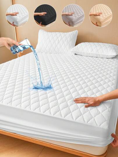 1pc Water Resistant Bed Sheets, Bedding, Fitted Sheet, Mattress Cover, Mattress Protector, Soft And Comfortable Bedding For Bedroom, Solid Color Water Resistant, Rhombus Pattern Embossed Bed Cover, For Single/Twin/Full Bed Sizes - Ideal For Bedroom, Guest Room