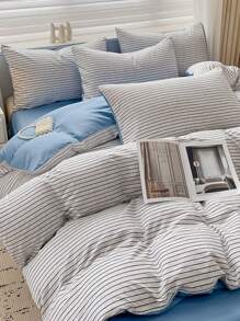 Bộ ga trải giường 4 món tối giản bằng cotton mềm mại đã qua xử lý (1 vỏ chăn + 1 ga trải giường + 2 vỏ gối), ga trải giường in họa tiết lô hội thân thiện với da, chống trượt 360°, không chất làm trắng quang học, thoáng khí, mềm mại, bền, có thể giặt, ấm áp, phù hợp cho phòng ngủ, phòng khách, ký túc xá sinh viên, cả gia đình, mọi mùa. - sọc xanh trắng - Xem 9
