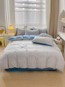 Bộ ga trải giường 4 món tối giản bằng cotton mềm mại đã qua xử lý (1 vỏ chăn + 1 ga trải giường + 2 vỏ gối), ga trải giường in họa tiết lô hội thân thiện với da, chống trượt 360°, không chất làm trắng quang học, thoáng khí, mềm mại, bền, có thể giặt, ấm áp, phù hợp cho phòng ngủ, phòng khách, ký túc xá sinh viên, cả gia đình, mọi mùa. - sọc xanh trắng - Xem 10