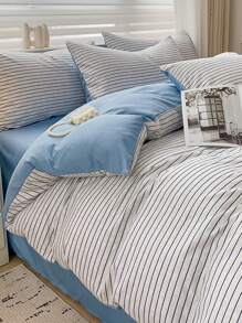 Bộ ga trải giường 4 món tối giản bằng cotton mềm mại đã qua xử lý (1 vỏ chăn + 1 ga trải giường + 2 vỏ gối), ga trải giường in họa tiết lô hội thân thiện với da, chống trượt 360°, không chất làm trắng quang học, thoáng khí, mềm mại, bền, có thể giặt, ấm áp, phù hợp cho phòng ngủ, phòng khách, ký túc xá sinh viên, cả gia đình, mọi mùa. - sọc xanh trắng - Xem 8