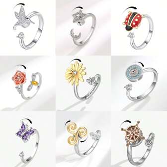 1pc Luxury Fashion Gold & Silver Zirconia Rhinestone Spinner Fidget Ring, Women's Anxiety Relief Butterfly Adjustable Open Ring, Wedding Jewelry, Stress Relief, Daily Wear
