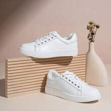 Comfyshoes Women's Fashion Sports Shoes, Leather Sneakerss, Casual Sports Shoes Low Platform Walking Shoes - 白色 - 查看 4