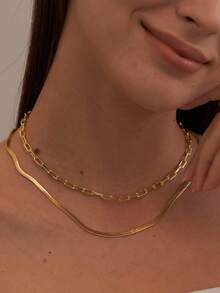 2 pezzi Set Di Collana Con Fermaglio In Acciaio Inossidabile E Lama Di Coltello A Strati, Adatto Per Ragazze E Donne - Dorato - Visualizzare 2