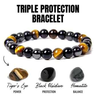 1pc Beaded Bracelet Power Triple Protection For Men Women Blue Tigers Eye Citrine Beads Bangles Thanksgiving Day Grandparents Day Gifts Grandma Grandpa From Daughter Son Granddaughter Brother