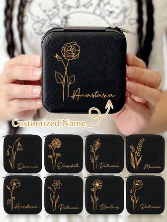 1pc Customized Jewelry Organizer Box With/Name & Birth Flower Month - Birthday Gifts For Women, Mom Personalized Jewelry Travel Case, Customized Bridesmaid Gift Jewelry Box, Halloween Gifts, For Father's Day, For Graduation, For Weddings, For Housewarming Living Room, Bedroom, Office, Tea Room, Home, Bathroom,Home Refresh,Customized Jewelry Boxes,Easy Comfort,Elegant Living,Artful Living