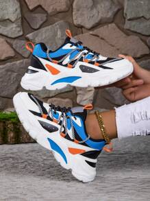 Ladies' Breathable Mesh Sneakers, Fashionable Casual Thick-Soled Sneakers, Comfortable Outdoor Running Training Shoes - White and Blue - View 3