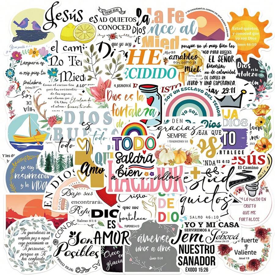 50 件西班牙语圣经引文贴纸美观乙烯基贴纸贴花剪贴簿、日记本、笔记本电脑、保险杠、滑板、水瓶、电脑、手机 - 彩色 - 查看 1