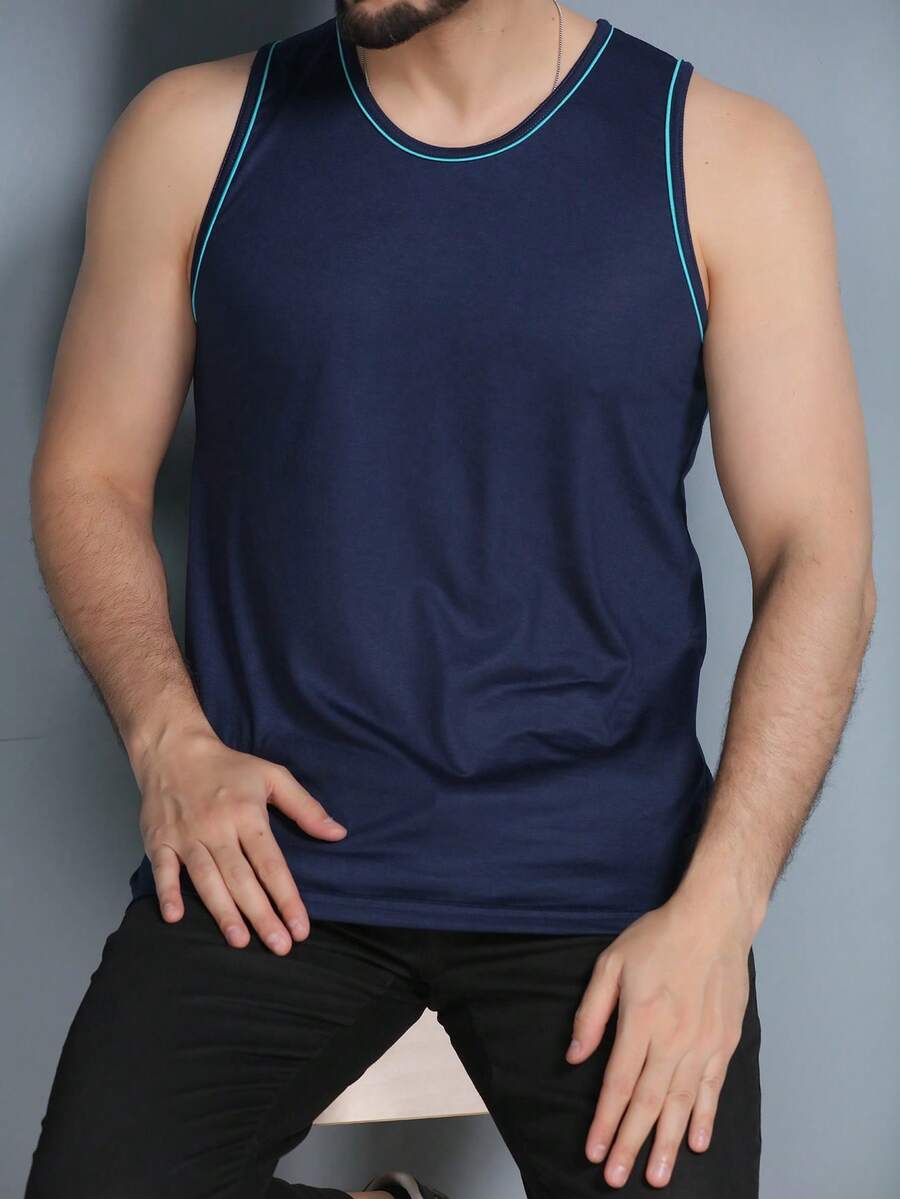 Men's American Model Cotton And Elastane Ribbed Ribbed Tank Top - 藏蓝色 - 查看 1