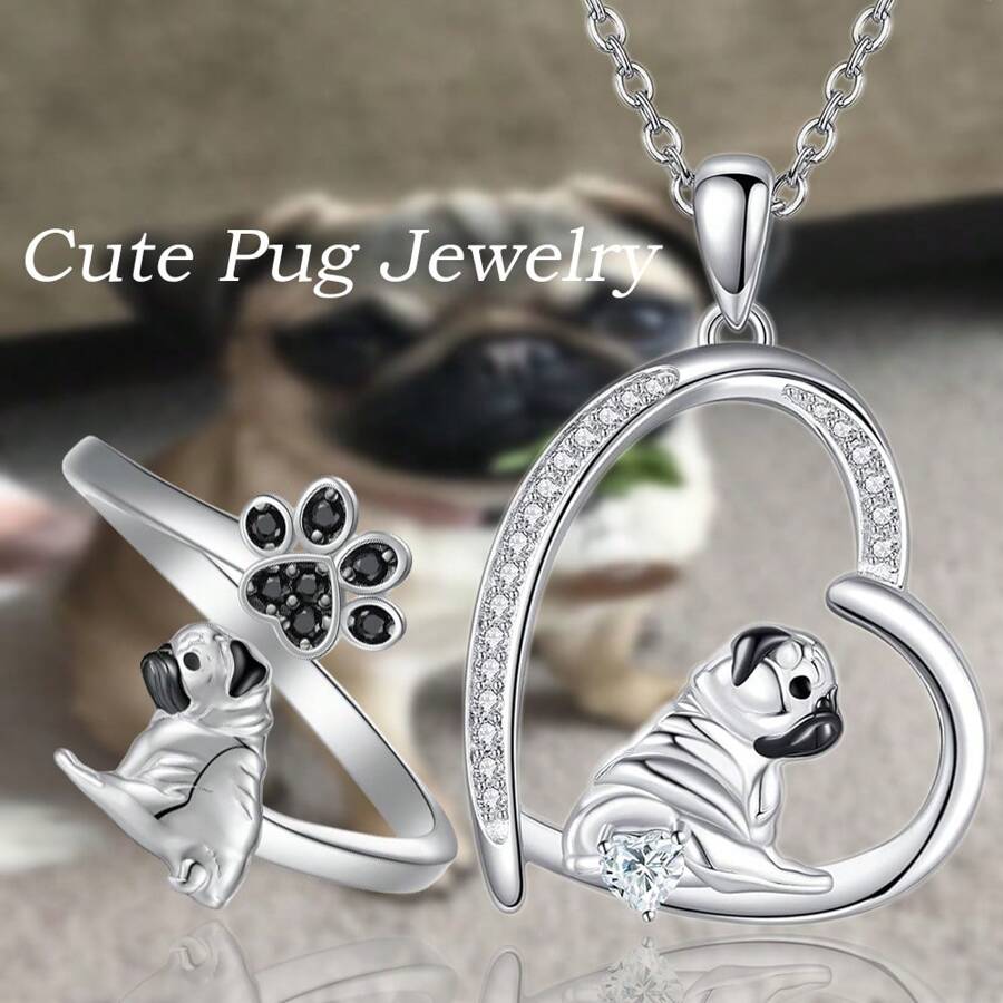 2Pcs/Set Cute Pug Dog Paw Open Ring Necklace Jewelry Set Exquisite Women Cartoon Puppy Memorial Accessories Cute Girls Daily Decoration Dog Lovers Holiday Birthday Gift - 哈巴狗 - 查看 1