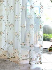 1pc Perforated Fresh Ditsy Floral Embroidered Sheer Curtain For Bedroom/Living Room, Pink