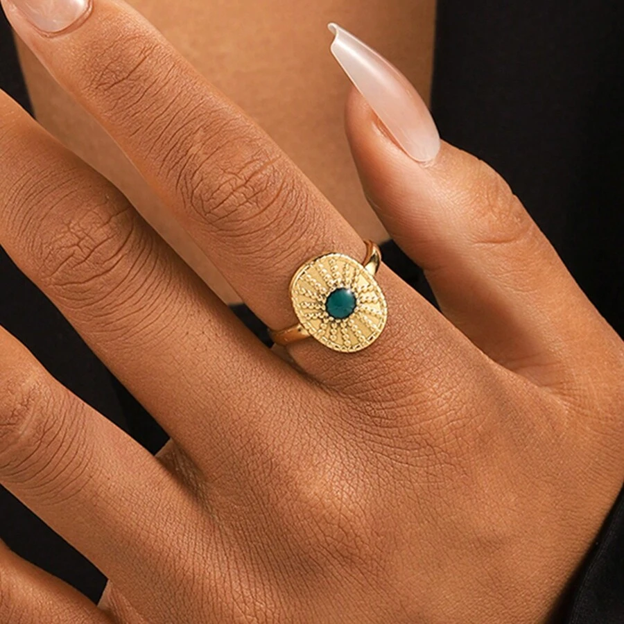 1 pieza Anillo con moneda en círculo abierto de color dorado de acero inoxidable de estilo minimalista vintage - Amarillo Oro - Ver 1