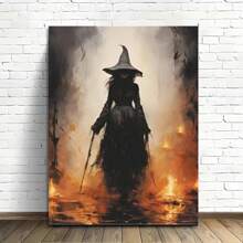 1 Pc Wooden Framed Halloween Wall Art Canvas Posters Set, Vertical Art Deco Witch & Pumpkin Party Decor, Oblong Shape Spooky Ghost Bat Night Sc, Birthday Party Decor, Home Living Room Office Wall Decor, Perfect Gift
