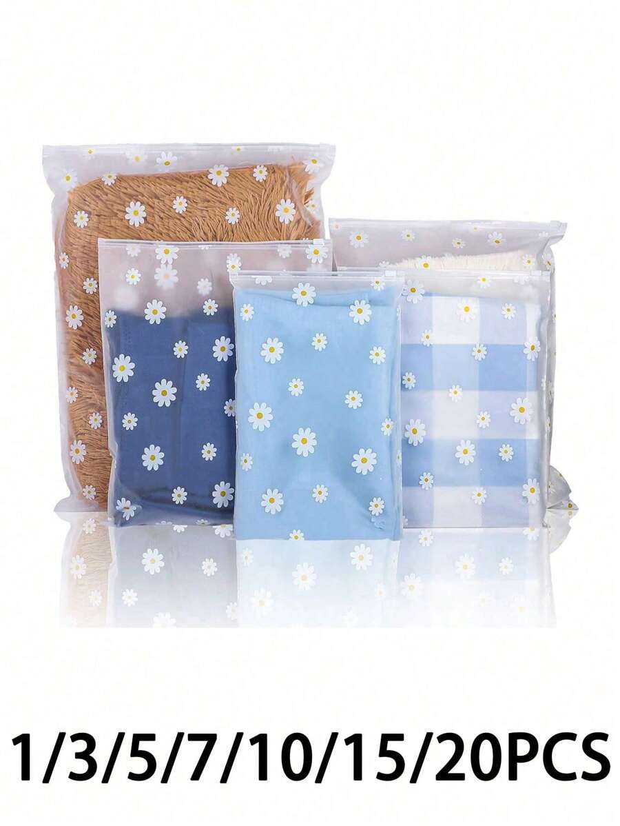 1/3/5/7/10/15 件雏菊印花塑料自封衣服袋，磨砂可重复密封袋旅行收纳服装袋，医院包必需品收纳袋，适用于衣服鞋子旅行必需品（印刷位置随机） - 白色 - 查看 1