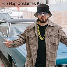 4pcs 80s 90s Accessories Outfit For Women Hip Hop Costume Kit Old School Rapper Sunglasses Faux Gold Rope Chain Ring And Bracelet Set Party Decorations,For Christmas Parties, Carnival Parties Dressing Up - Gold - View 8