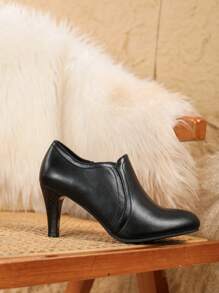 女士纯色简约秋冬侧拉链黑色细高跟踝靴女士优雅尖头高跟鞋 - 黑色 - 查看 7