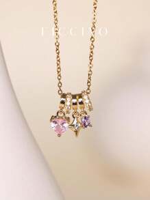 FICCINO 镀金钛钢项链，配粉色心形、紫色椭圆形叠层方晶锆石吊坠、O 形链、可爱糖果色日常项链、友谊、周年纪念礼物（带盒） - 1515n - 查看 1