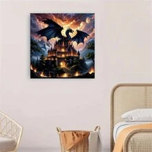 5D DIY钻石画套装 - 圆形钻石刺绣，奇幻龙城堡场景，手工墙饰，11.81x11.81英寸画布，家居及办公装饰 - 彩色 - 查看 4