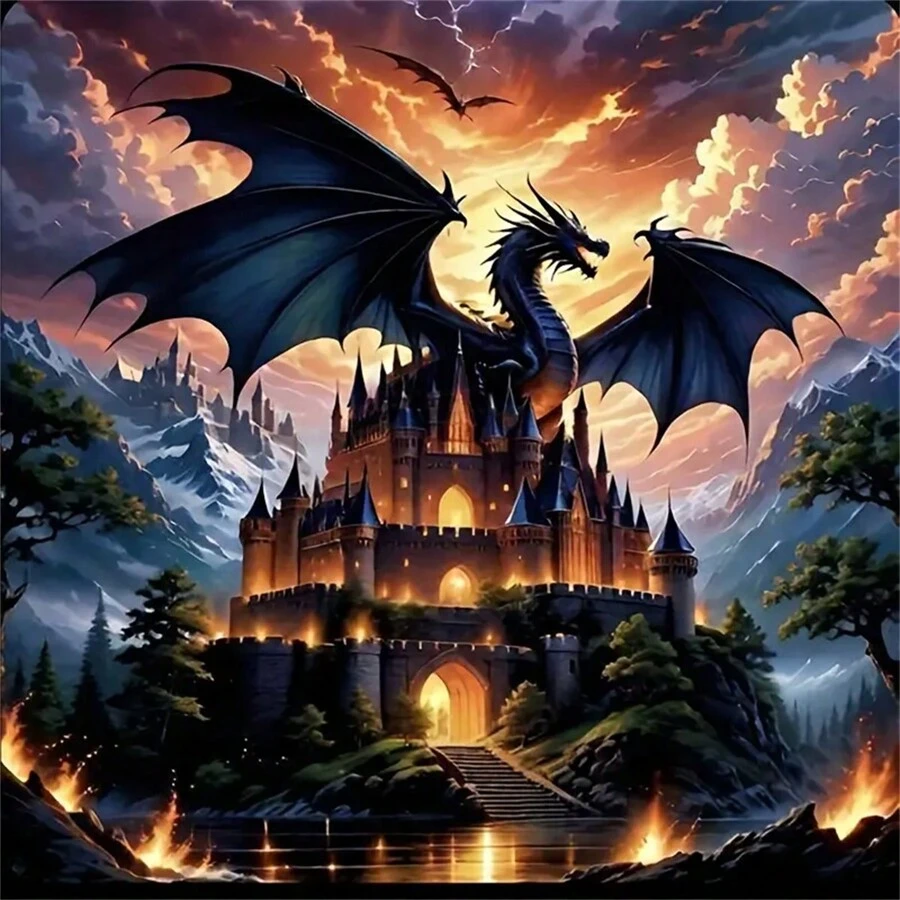 5D DIY钻石画套装 - 圆形钻石刺绣，奇幻龙城堡场景，手工墙饰，11.81x11.81英寸画布，家居及办公装饰