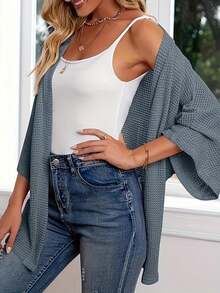 Plus Size Women Casual Loose Batwing Sleeve Solid Color Knitted Cardigan - Dusty Blue - View 2