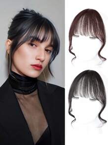 1片带鬓角的卷曲自然款刘海假发片，夹式接发爪，发夹，发卡，学习用品，假发片，发饰 - 彩色 - 查看 1