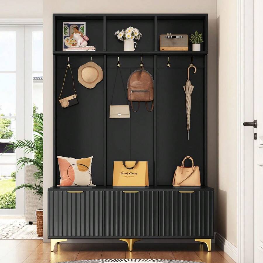 Large Modern Multi-Functional Storage Shelf With Bench And 6 Gold Hooks For Entrance And Living Room - 黑色 - 查看 1