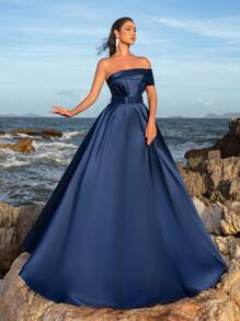 Faeriesty One Shoulder Back Lace Up Buckle Belted Satin Prom Dress, Elegant Formal Evening Gown, For Wedding Guest, Graduation, Dinner