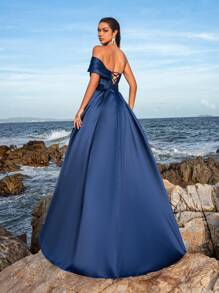 Faeriesty One Shoulder Back Lace Up Buckle Belted Satin Prom Dress, Elegant Formal Evening Gown, For Wedding Guest, Graduation, Dinner