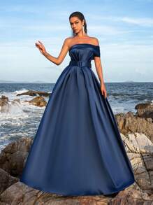 Faeriesty One Shoulder Back Lace Up Buckle Belted Satin Prom Dress, Elegant Formal Evening Gown, For Wedding Guest, Graduation, Dinner