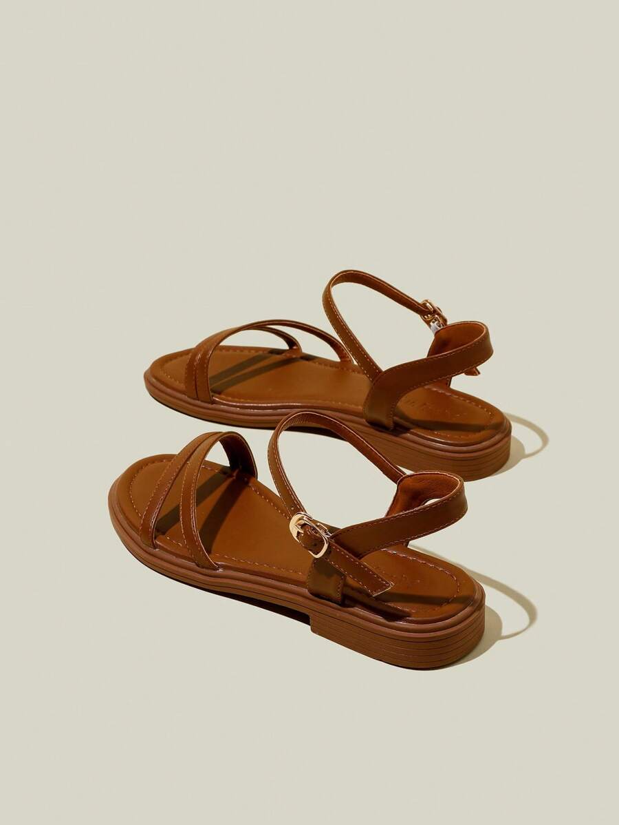 Women's Brown Flat Open Toe Strap Sandals, Simple Slim Strap Soft Sole Beach Flat Sandals - Brown - View 1