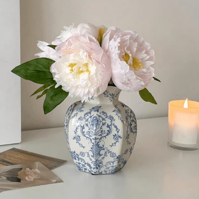One Hand-Painted Blue And White Ceramic Vase In Vintage-Style For Flowers, Suitable For Living Room, Bedroom, Balcony Decoration, For Dried Flowers, Artificial Flowers & As An Ornament,Home Decor,Flower Vase,Centerpiece,Table Decor Rama Decoration Rama Gifts Birthday Graduation Room Decor Glass Vase