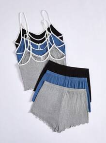 3pcs/Set Women's Solid Color Bow Knot Ruffle Trim Sleepwear Set Lounge Set - Multicolor - View 2