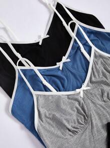 3pcs/Set Women's Solid Color Bow Knot Ruffle Trim Sleepwear Set Lounge Set - Multicolor - View 4