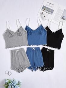 3pcs/Set Women's Solid Color Bow Knot Ruffle Trim Sleepwear Set Lounge Set - Multicolor - View 3