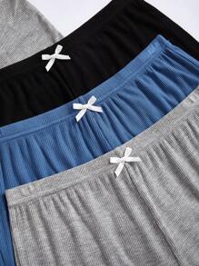 3pcs/Set Women's Solid Color Bow Knot Ruffle Trim Sleepwear Set Lounge Set - Multicolor - View 5