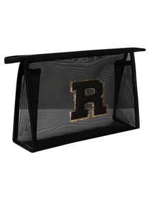 1个黑色网袋，大容量带黑色姓名首字母，毛巾刺绣字母A-Z，透明网状化妆品收纳袋，多功能旅行便携包，口红护肤品收纳洗漱化妆包，学生文具袋，网状拉链袋，旅行化妆品包装收纳袋，简约高档，配饰收纳，适用于宿舍收纳，旅行，出差，游泳，居家收纳 - 黑色 - 查看 20