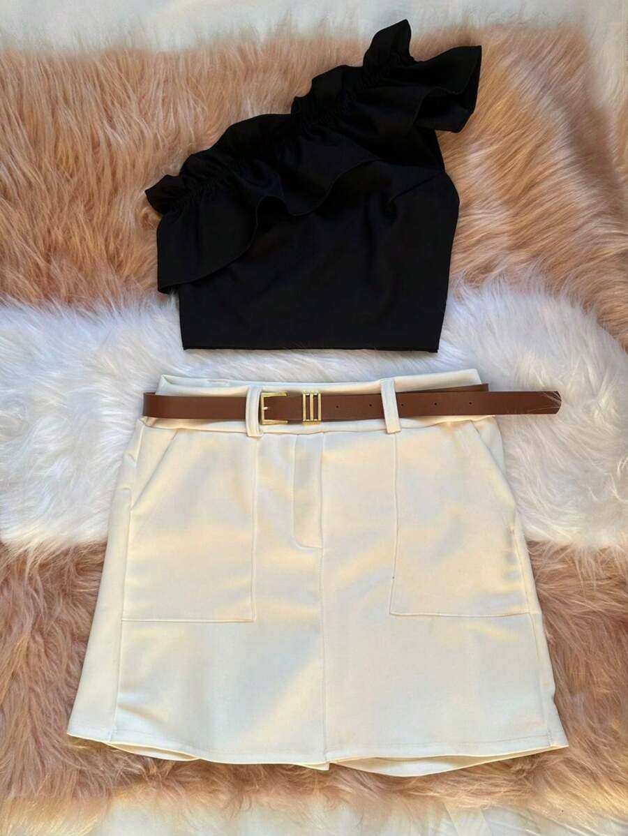 SET 2 PIECES CCROPPED ONLY SHOULDER AND SHORT TAILORED SKIRT WITH BELT SUMMER 2025 LAUNCH - 黑色 - 查看 1