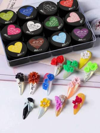 Set de 12 colores de gel de escultura y pintura para uñas, gel de escultura 3D para uñas, pintura creativa, pegamento que se retira con remojo bajo luz UV
