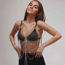 1pc Sexy Nightclub Music Festival Outfit, European & American Style Chain Hollow Tassel Body Chain - Gold - View 9