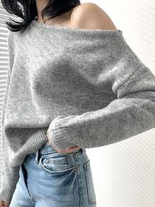 Women Mohair Asymmetrical Open Shoulder Sweater, Loose Slouchy Style,Long Sleeve Tops