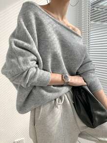 Women Mohair Asymmetrical Open Shoulder Sweater, Loose Slouchy Style,Long Sleeve Tops